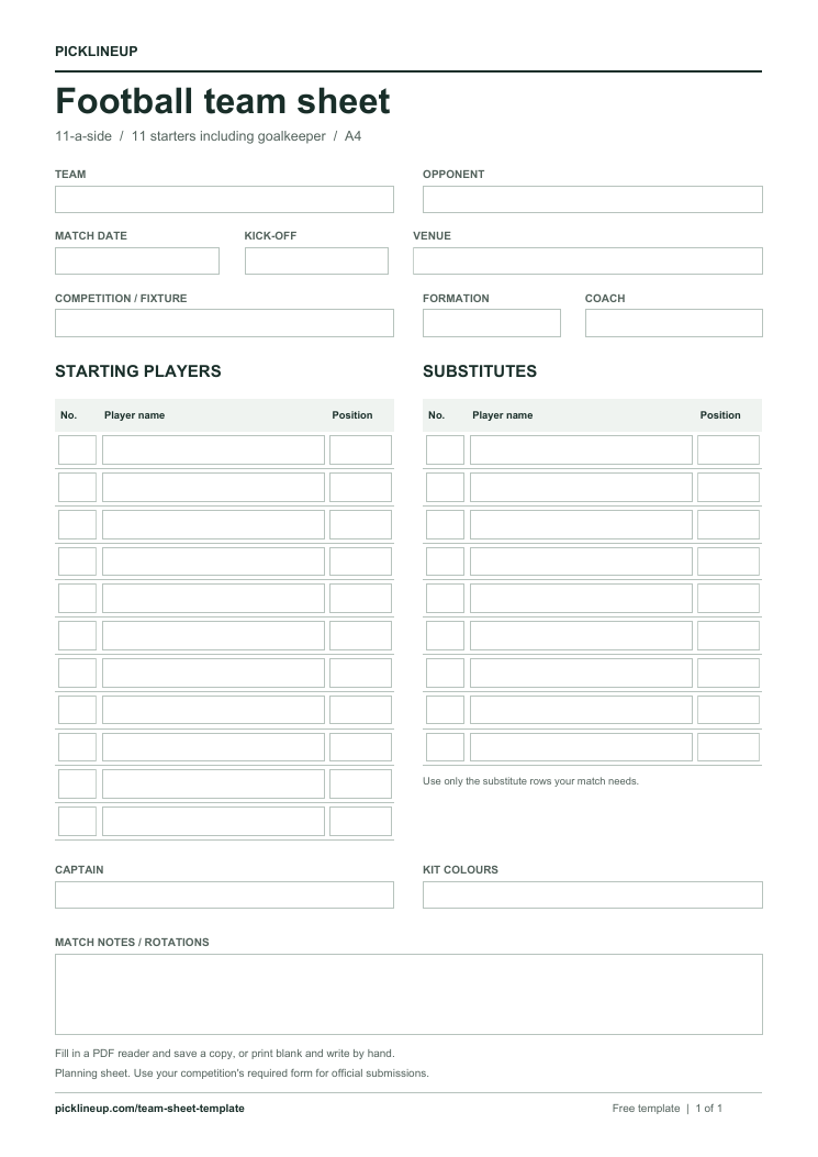 Preview of the blank 11-a-side A4 team sheet: match details, eleven starter rows, nine substitute rows and a notes area.